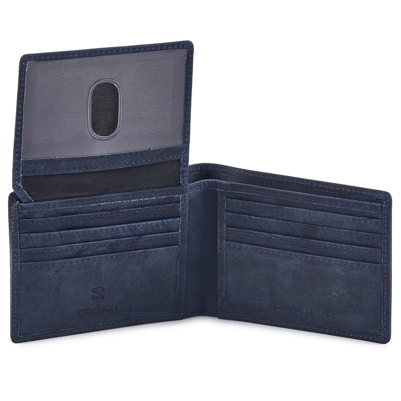 Cochoa Bifold Wallet for Men's Real Genuine Slim Leather RFID Blocking 2 ID Windows Stylish Travel Gift Box (CRAZY HORSE, NAVY) - Image 1